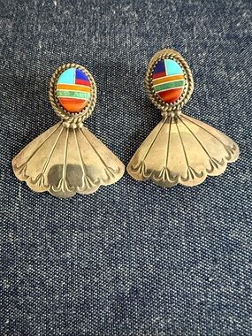 Multicolor Inlay Fan Sterling Earrings